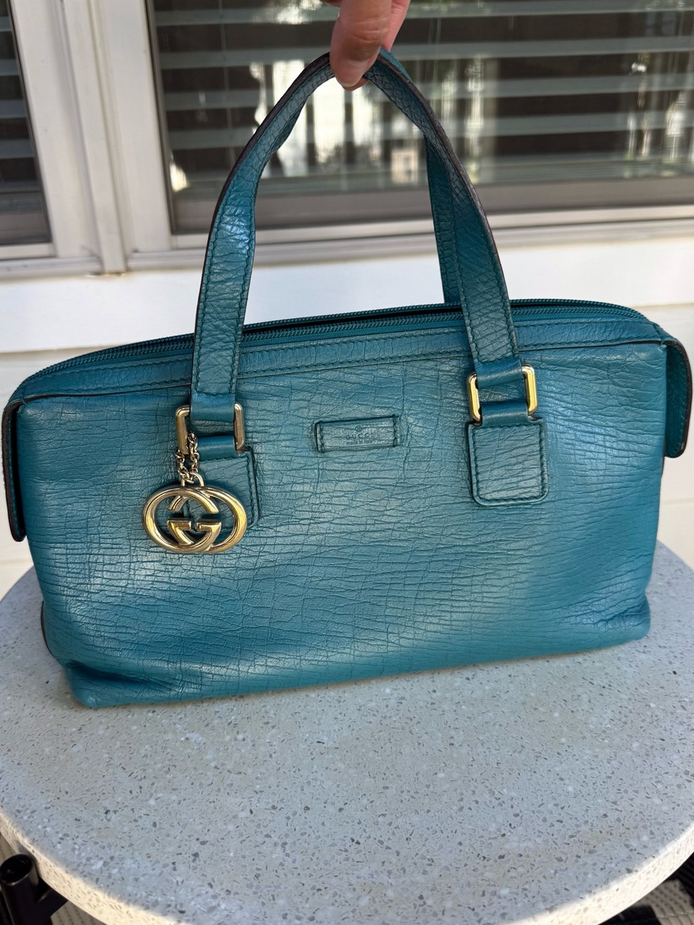 Gucci Teal Blue Leather Bowling Bag Top Handle GG Charm